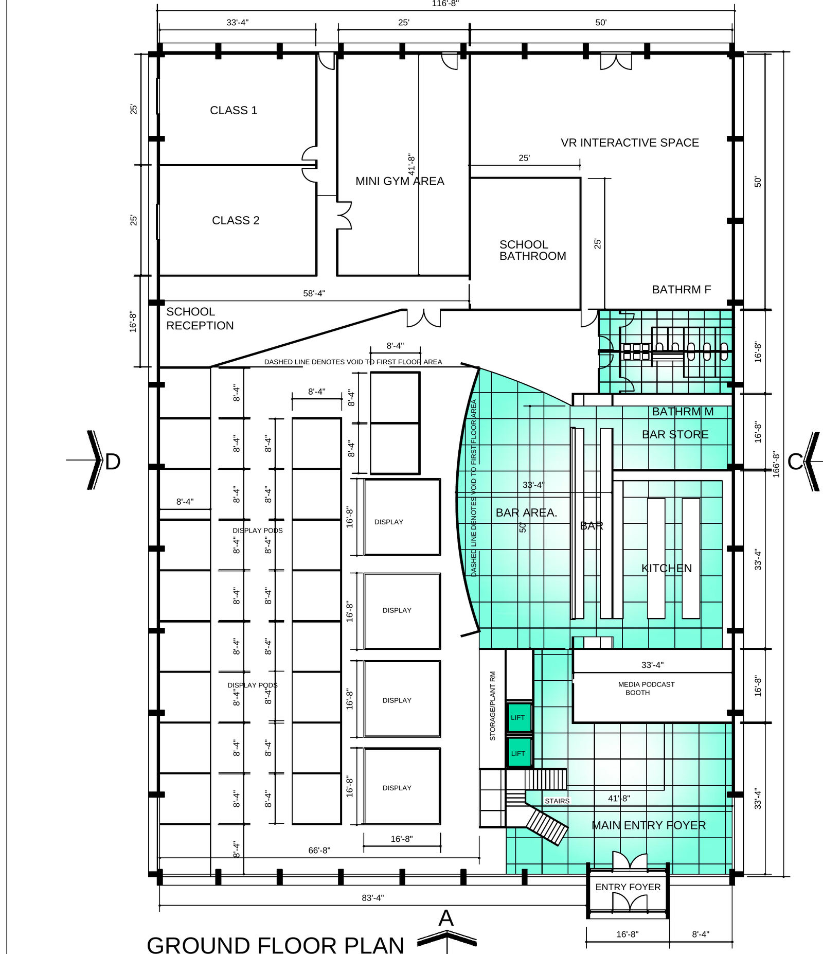 Ground floor plan showing classrooms, display pods, bar area, and entry foyer